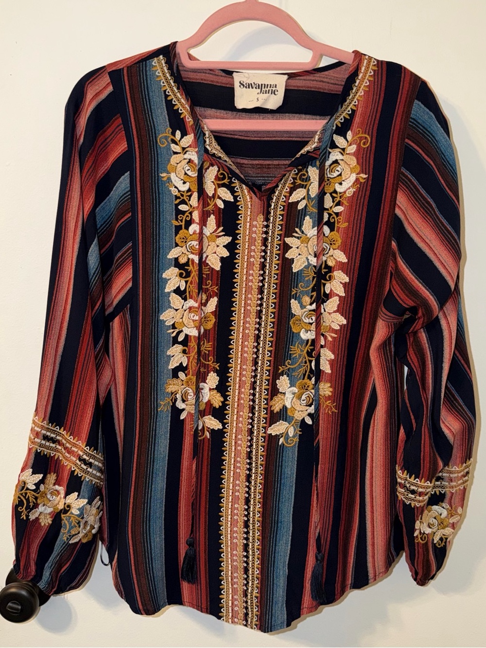 Savanna Jane Navy Multicolor Striped Floral Embroidered Top